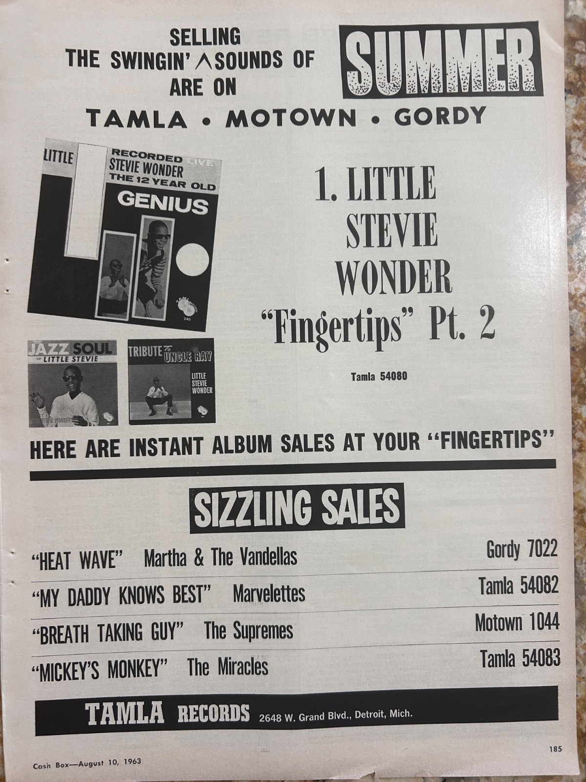 LITTLE STEVIE WONDER 1963 Promo Display Ad 10×14 RARE Motown Tamla + Top 100