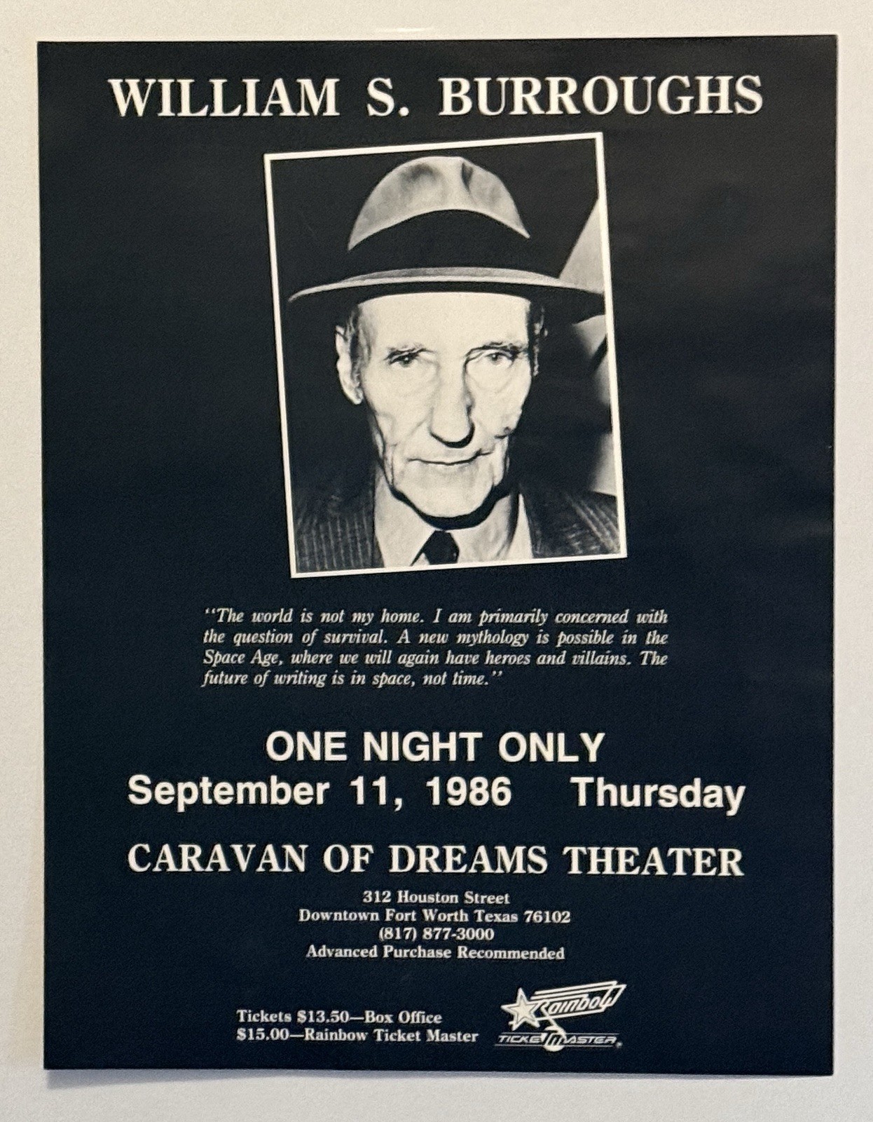 Original 1986 William S Burroughs Caravan Of Dreams FW, TX Readings Flyer – 🚀✔️