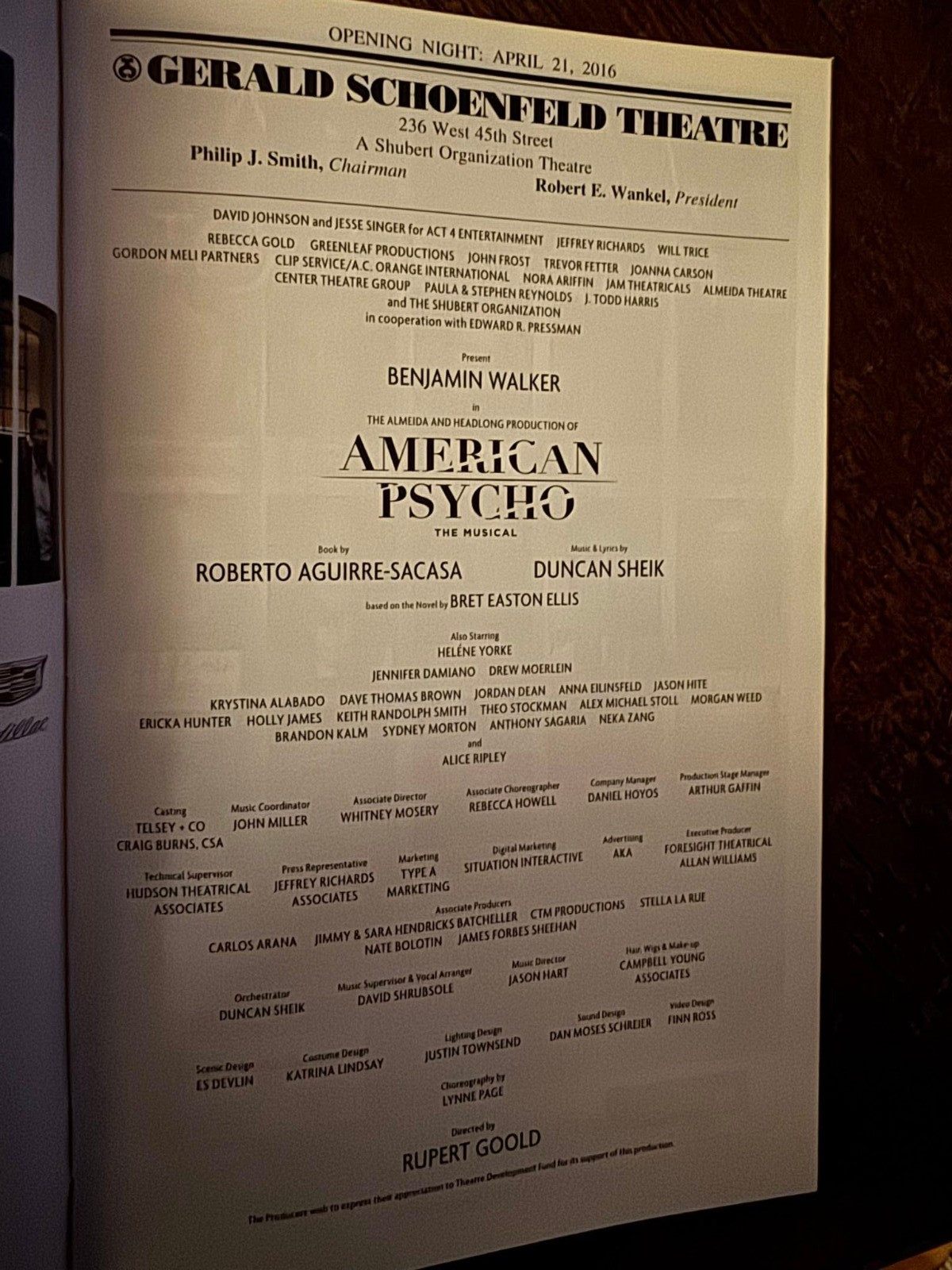 American Psycho playbill Benjamin Walker Broadway musical opening night w/ seal