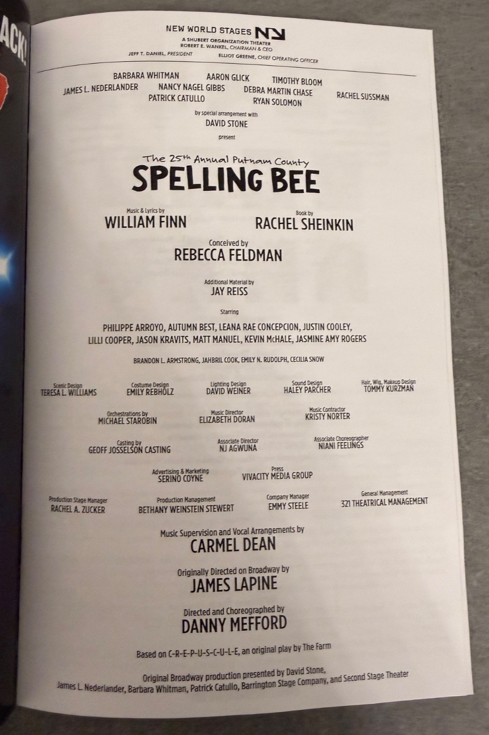 NEW off-Broadway Musical Program 2026 The 25th Annual Putnam County Spelling Bee
