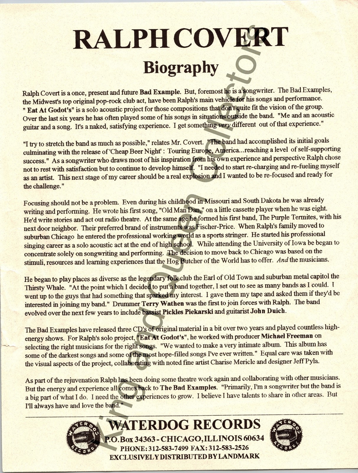 Ralph Covert Original WATERDOG RECORDS Press Kit Biography Sheet Eat At Godot’s