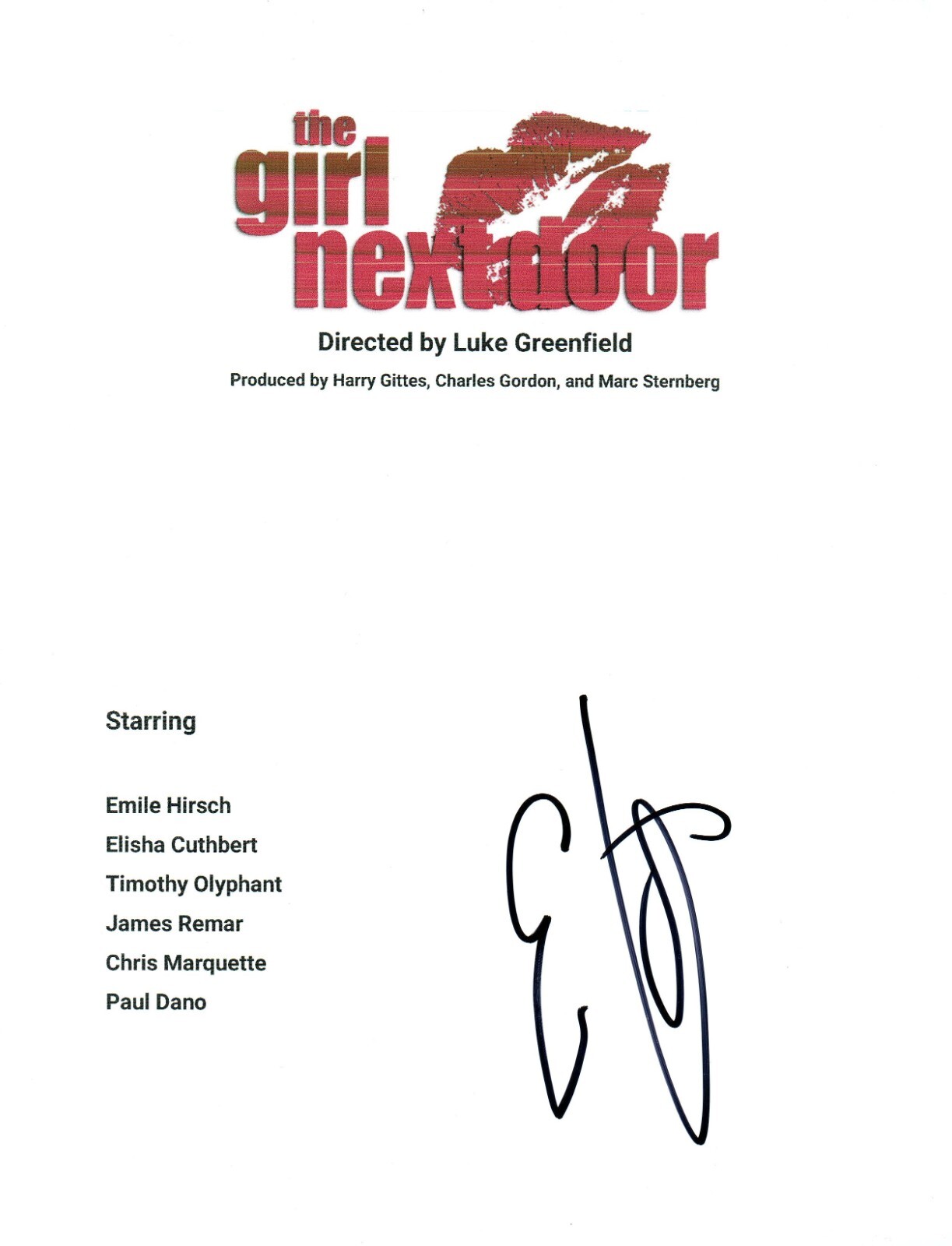 Emile Hirsch The Girl Next Door Signed Script 8.5×11 Cover Sheet COA