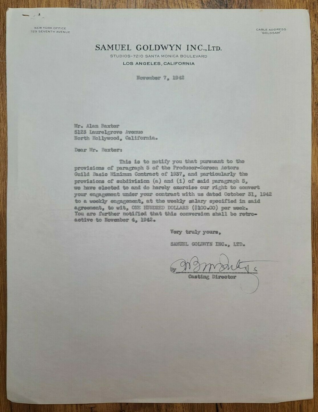 Screen Actors Guild 1942 signed contract agreement regarding actor Alan Baxter