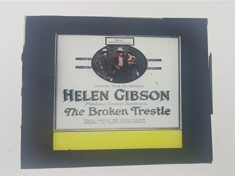 MAGIC LANTERN GLASS SLIDE 1920 SILENT MOVIE THE BROKEN TRESTLE HELEN GIBSON