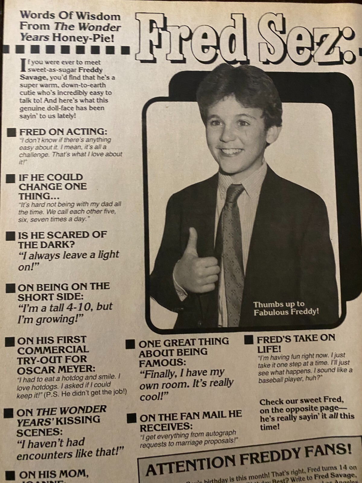 Fred Savage, The Wonder Years, Full Page Vintage Clipping, c