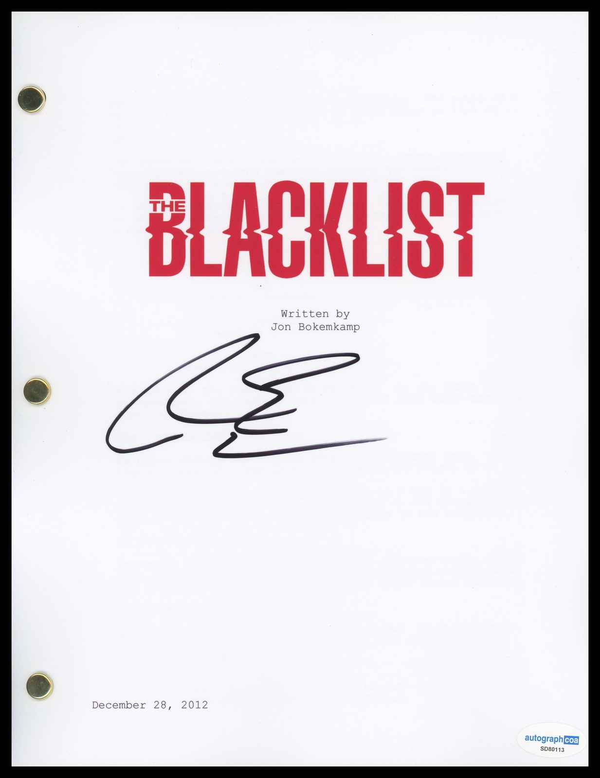 Ryan Eggold “The Blacklist” AUTOGRAPH Signed Tom Keen Pilot Episode Script ACOA