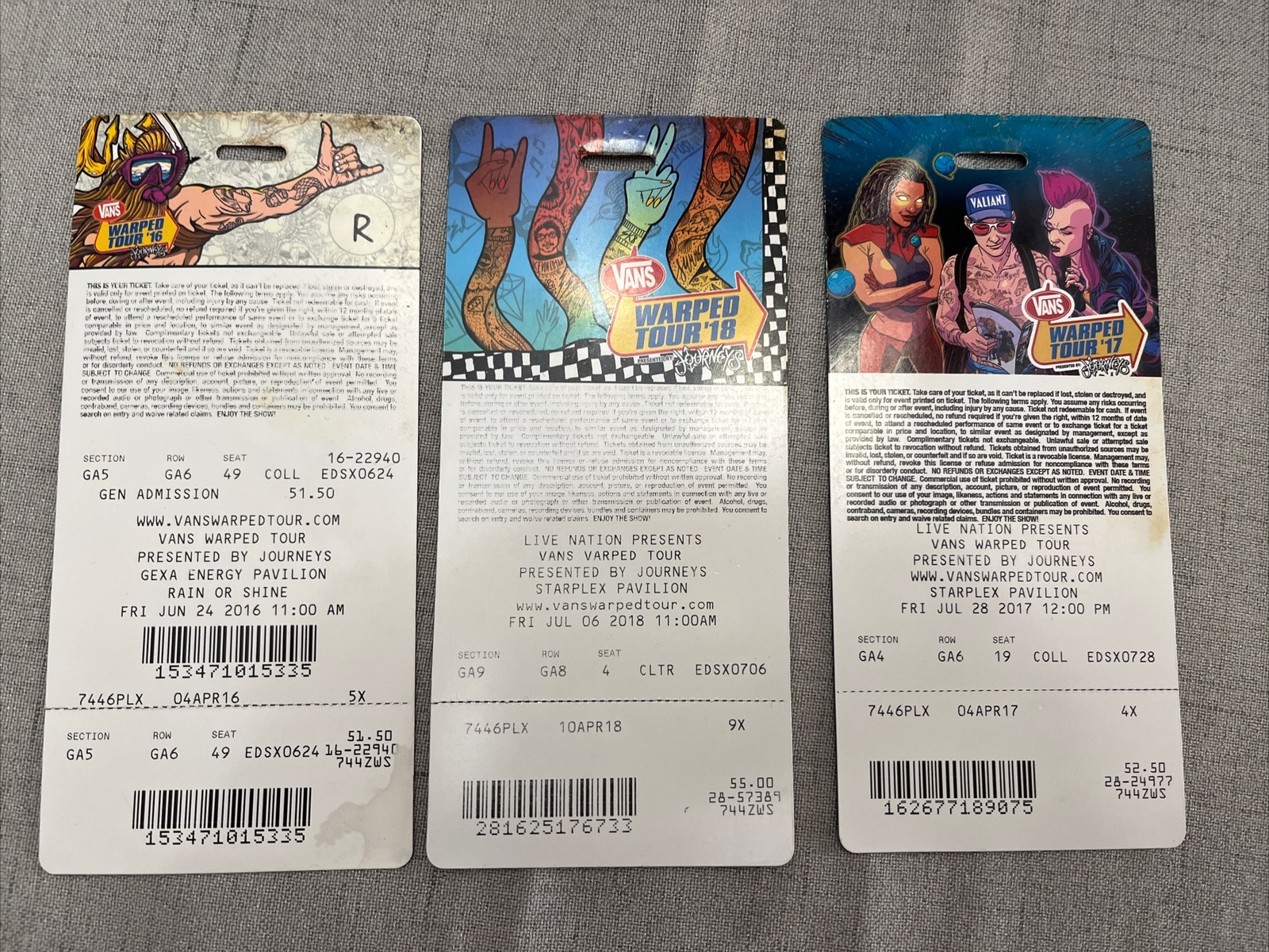 VANS WARPED TOUR 2016, 2017, 2018 Lenticular 3D TICKET/PASS LOt 3 tickets