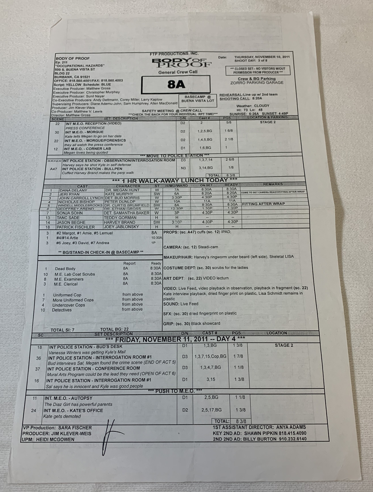 2011 ABC tv show BODY OF PROOF set used CALL SHEET~Season 2, Episode 11