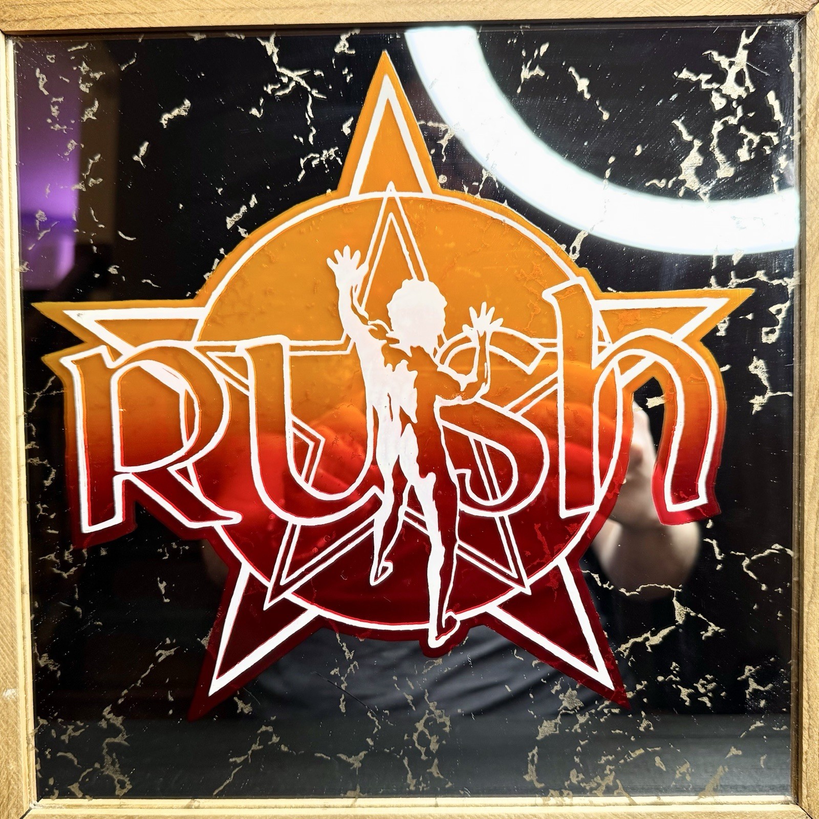 Vintage 1970’s Rush Two-Tone Starman Carnival Mirror 13″ Wood Frame RARE