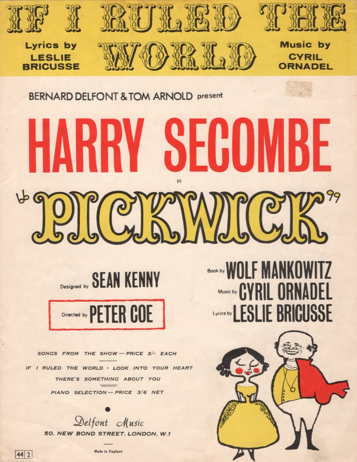 Harry Secombe “PICKWICK” Leslie Bricusse / Cyril Ornadel 1963 London Sheet Music