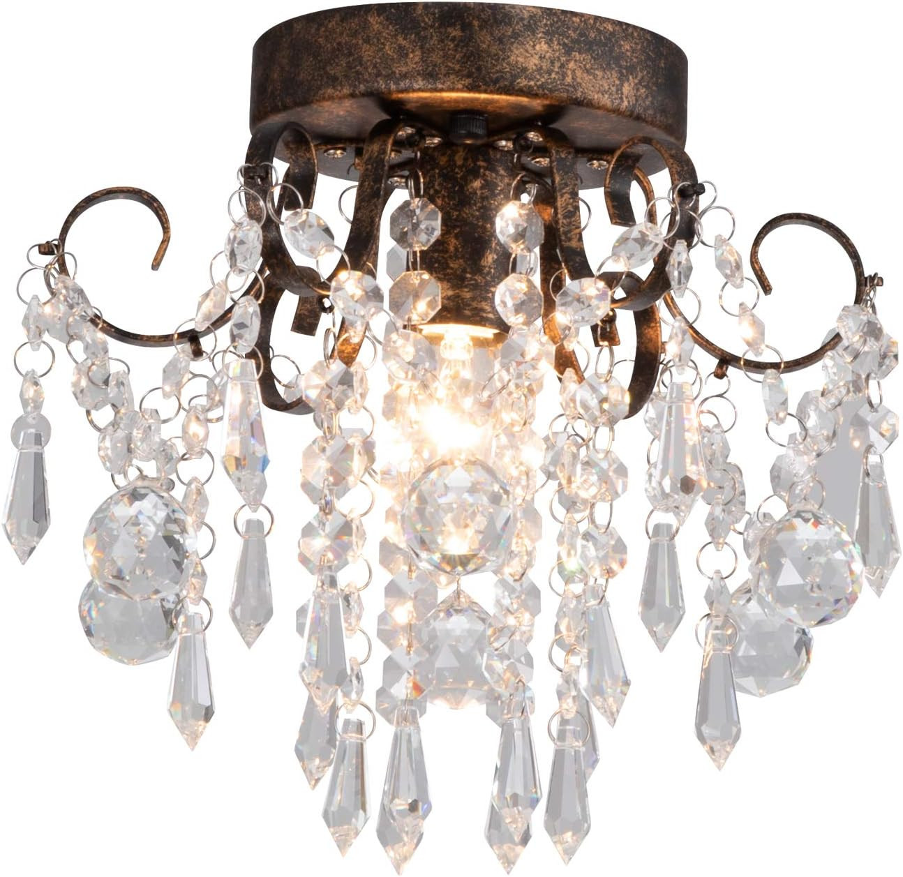 Small Crystal Ceiling Light Fixture Flush Mount,Black with Brushed Gold Accents