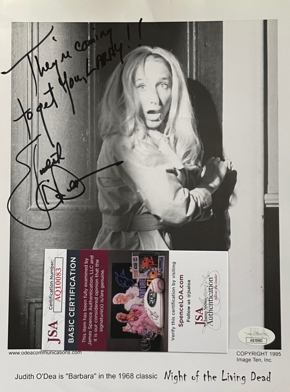 Judith O’Dea NIGHT OF THE LIVING DEAD (TO LARRY) Original signed photo W/JSA COA