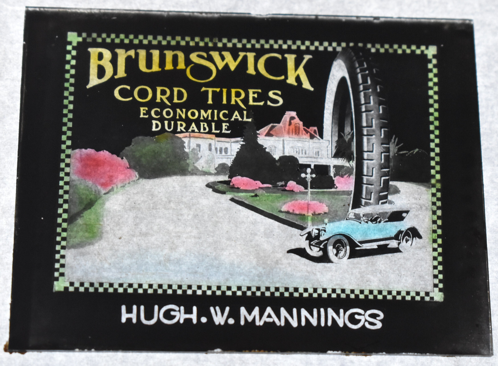 Vintage Brunswick Cord Tires Gas Oil Advertising Film Magic Lantern Glass Slide