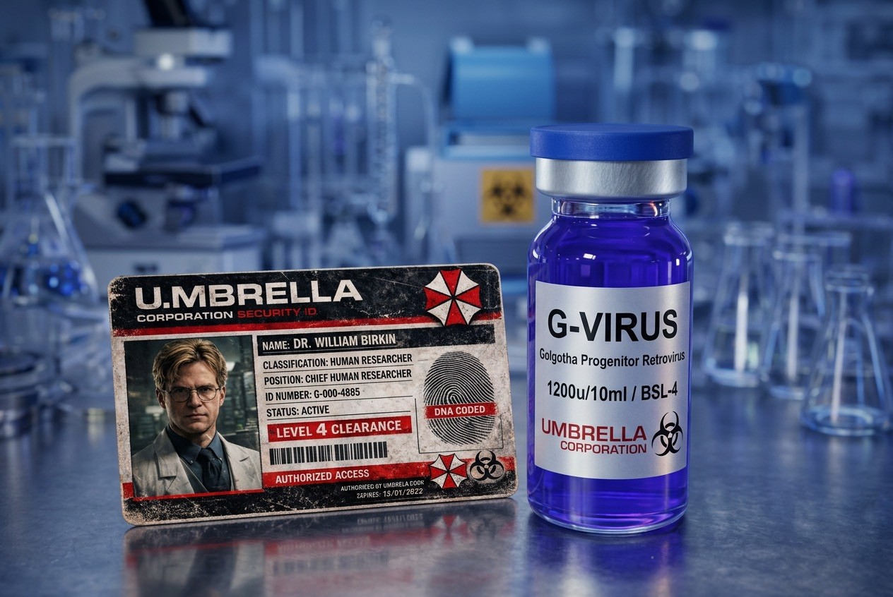 Single Umbrella Corporation 10ml vial G-Virus prop replica + Dr Berkin ID card