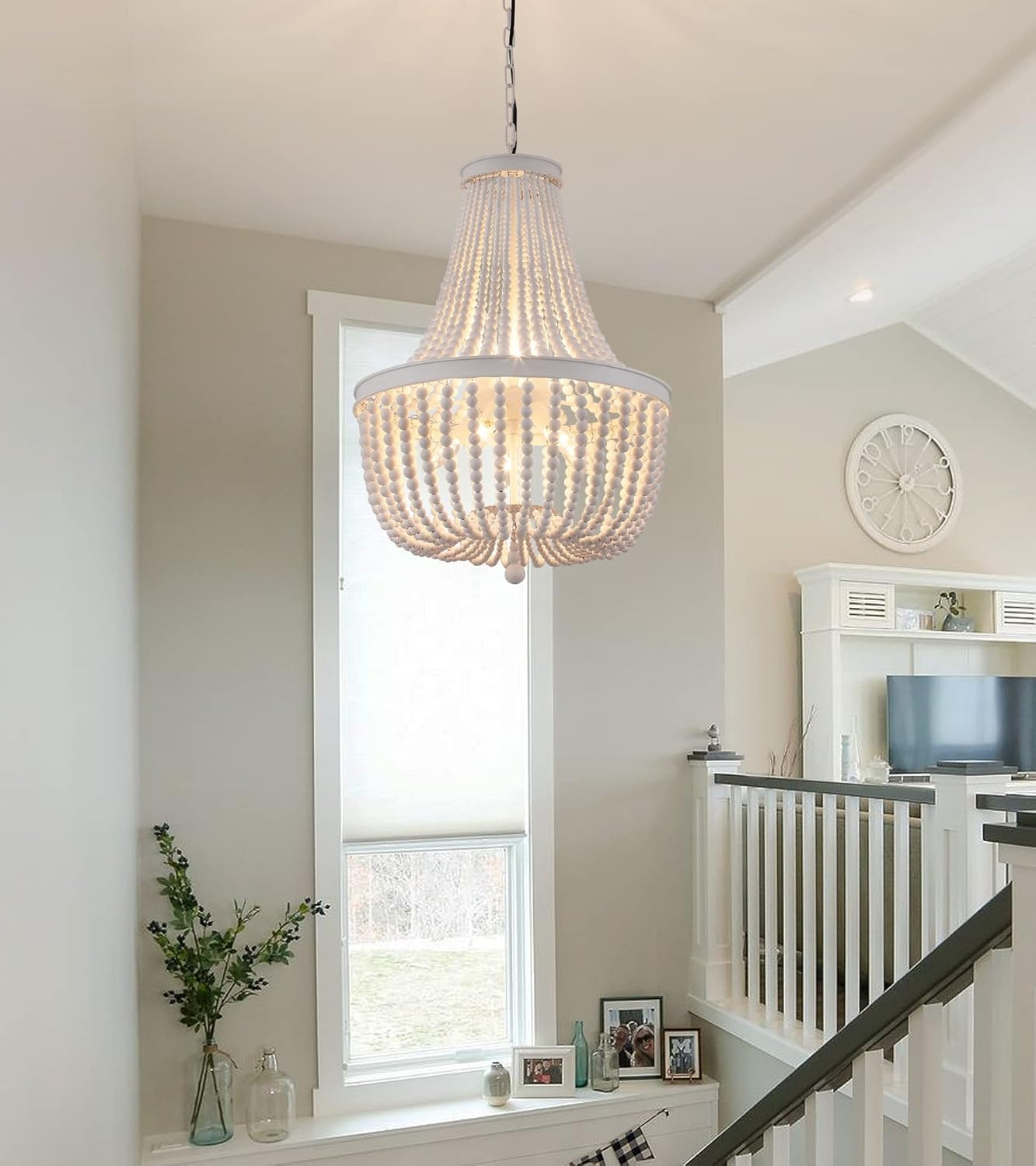Beaded Chandelier Farmhouse White Wood Beaded Boho Light Fixture Vintage Antique
