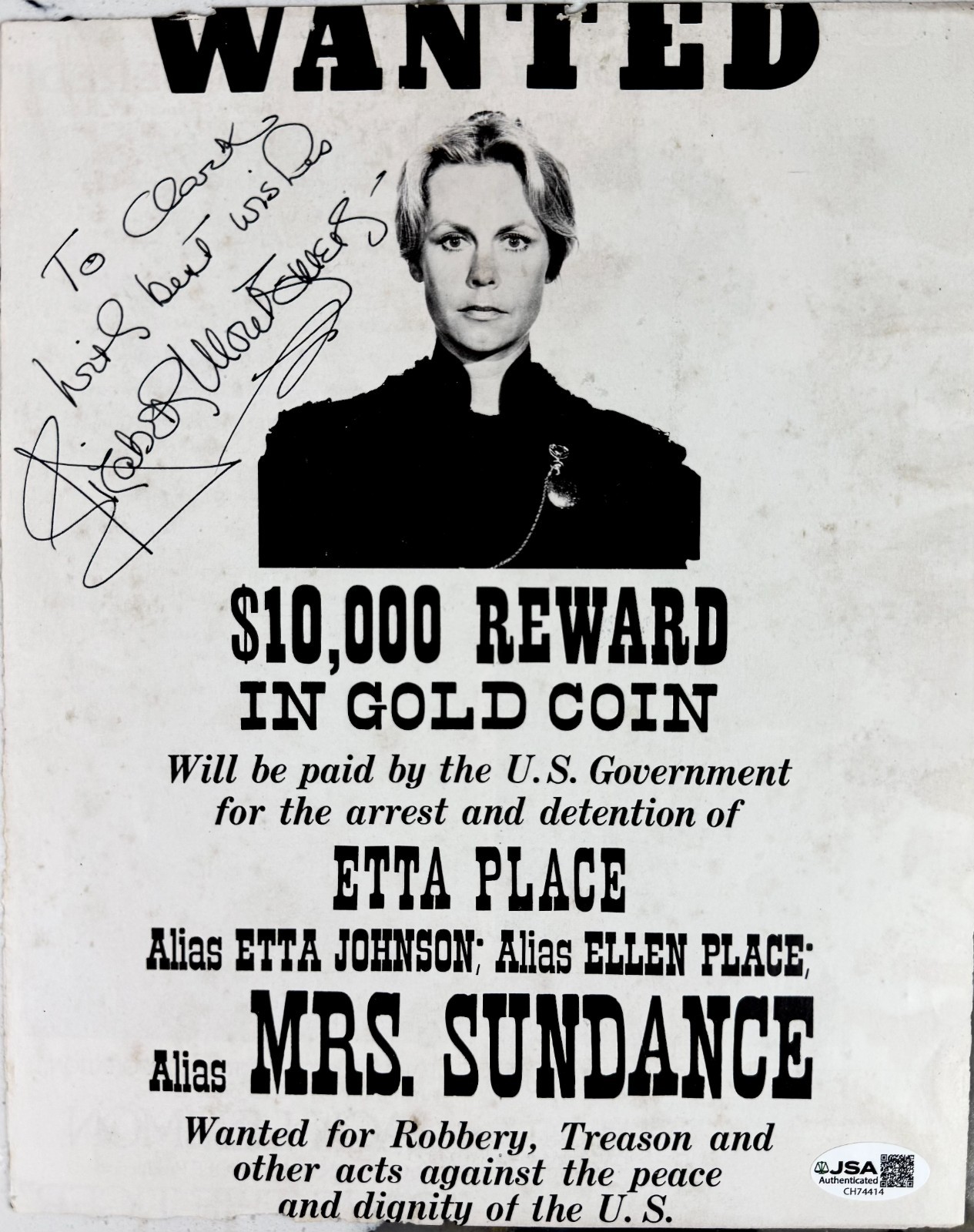 ELIZABETH MONTGOMERY Signed Autographed 8×10 WANTED POSTER Sundance Kid ETTA JSA