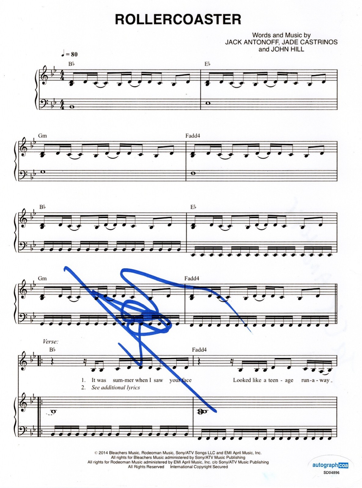 Jack Antonoff Taylor Swift Bestie Signed ROLLERCOASTER Music Lyric Sheet ACOA