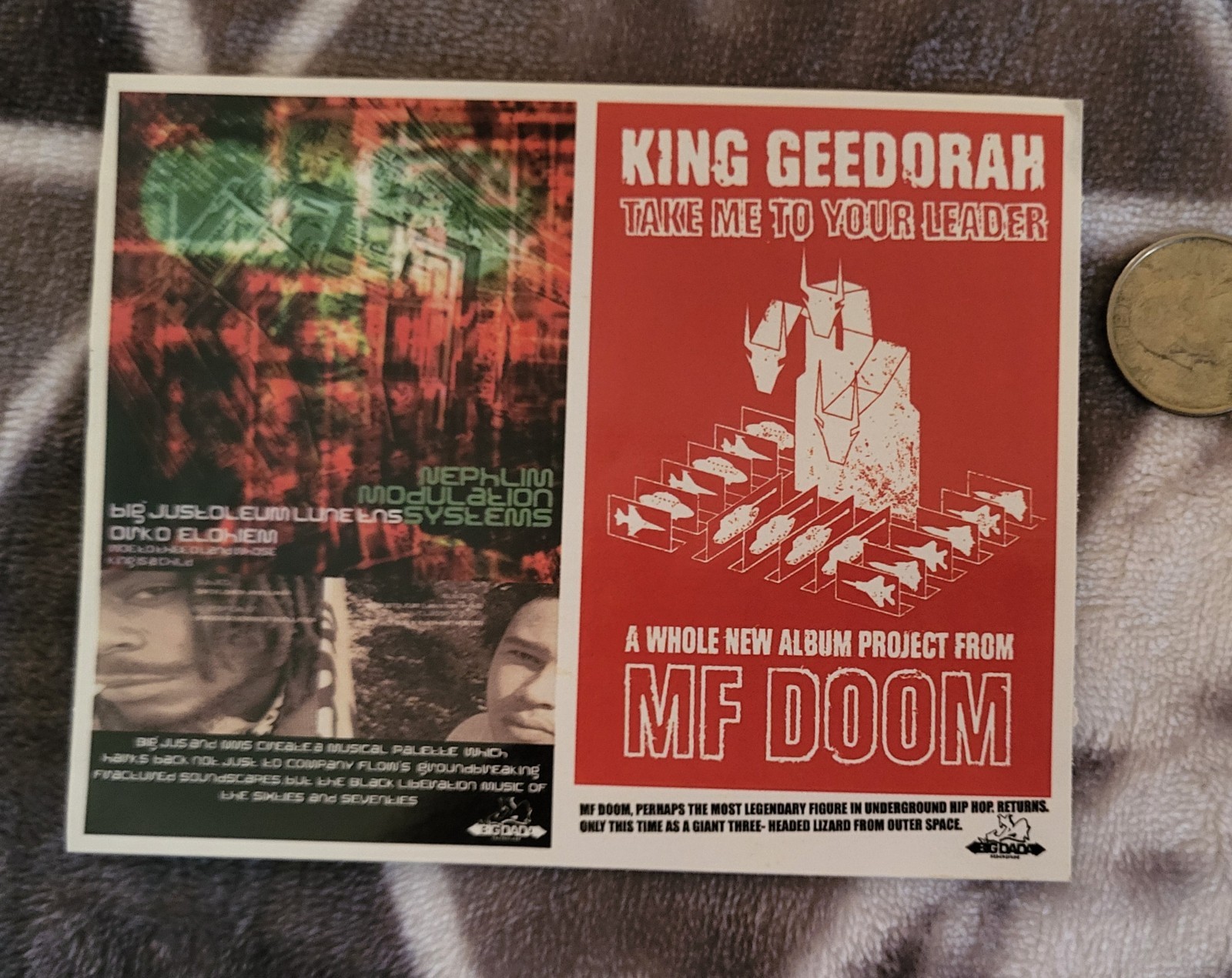 2PC Vintage MF Doom Sticker 2003 KING GEEDORAH BIG JUS BIG DADA RECORDS