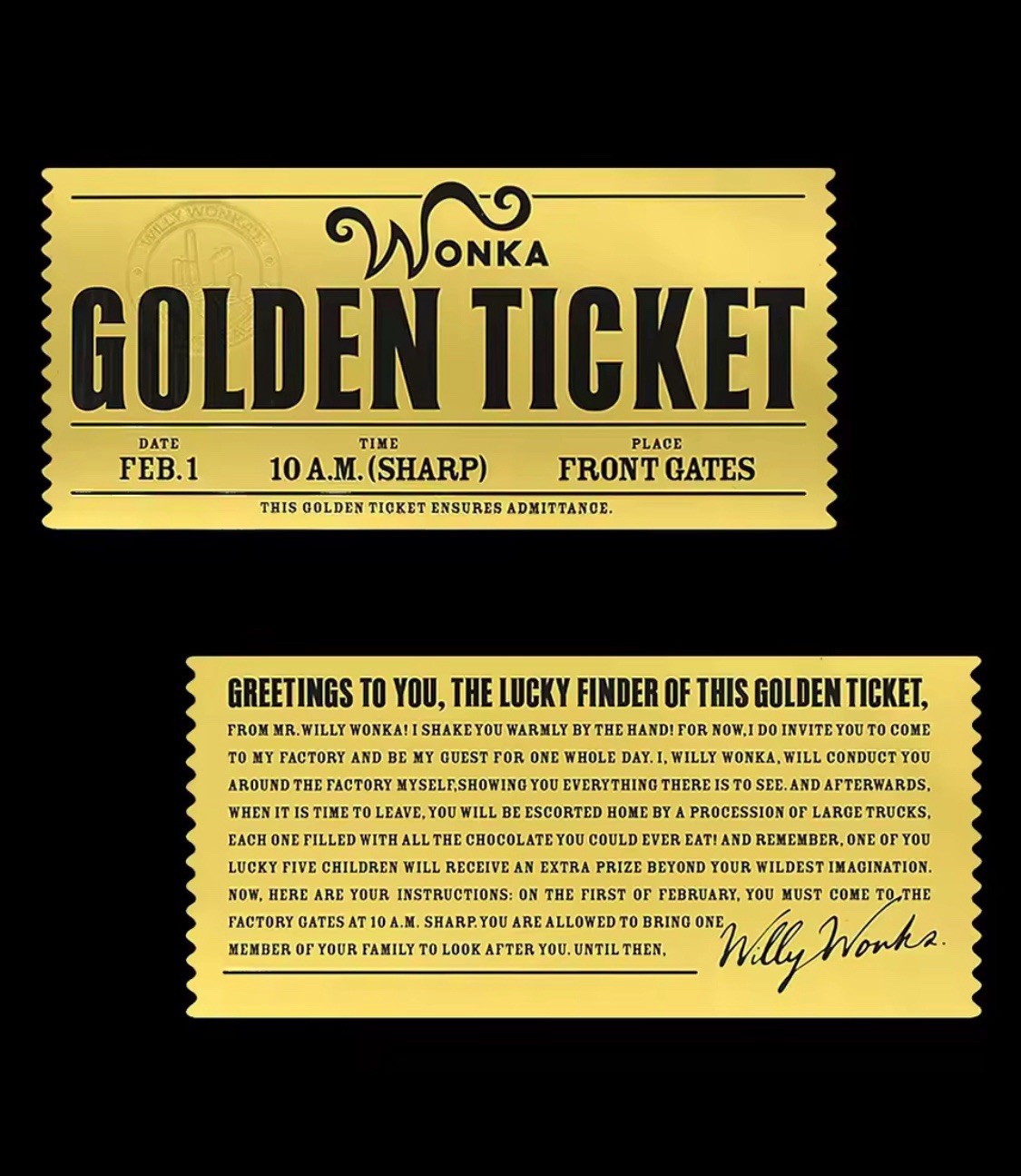 WILLY WONKA Replica Golden Ticket Charlie Chocolate Factory Movie Prop Free Ship