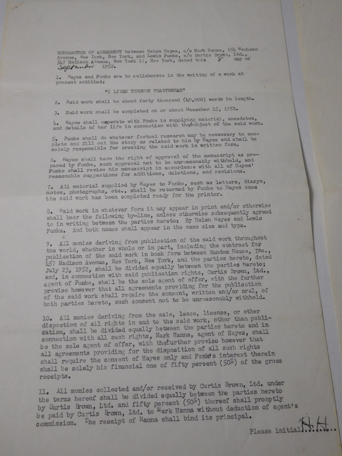 1952 Helen Hayes Signed Contract “I Lived Through Heartbreak” Autographed