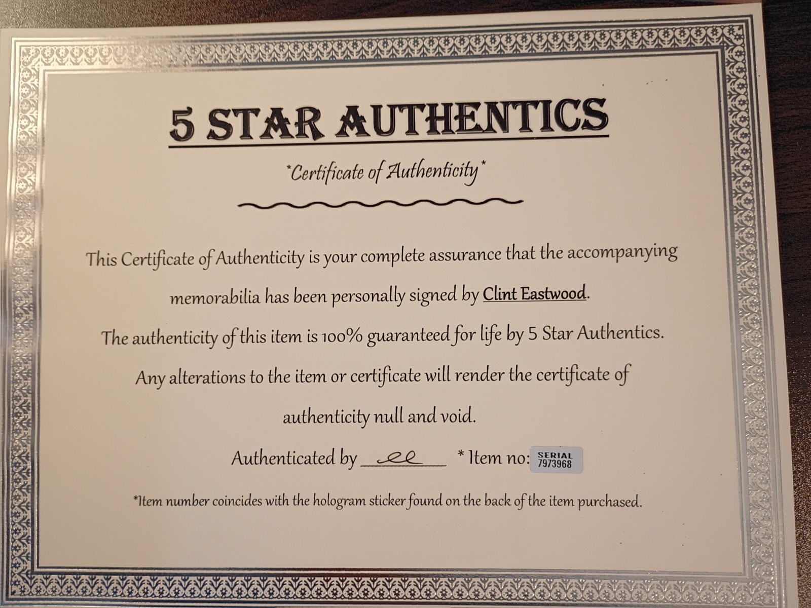 Clint Eastwood Westerns Signed 8×10 COA W/Matching Numbered Sticker