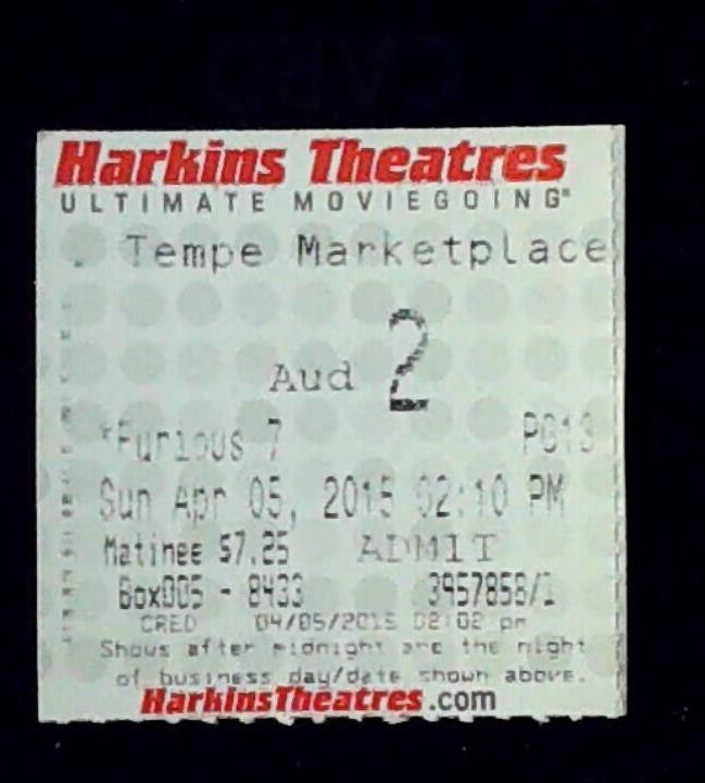 Fast Furious 7 Movie Ticket Stub Opening Weekend Paul Walker Last Film 4/5/2015