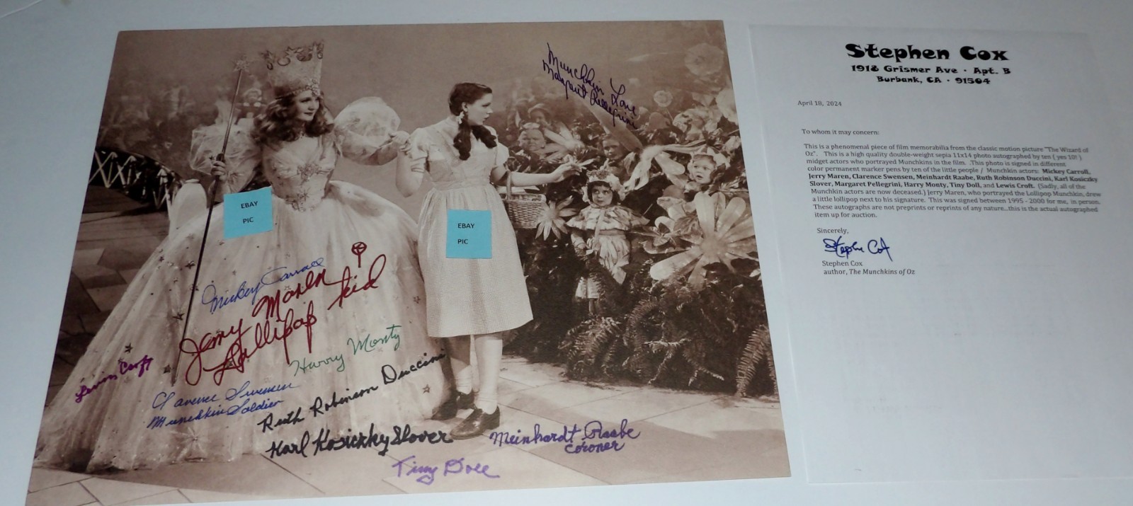 11X14 SEPIA PHOTO SIGNED BY 10 MUNCHKINS FROM WIZARD OF OZ +LETTER OF PROVENANCE