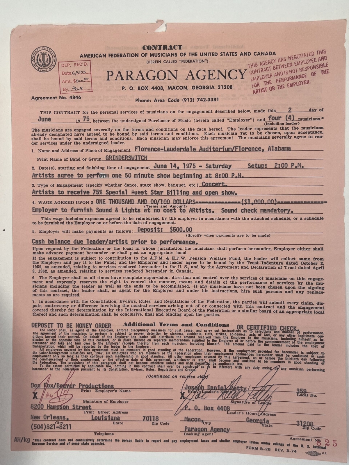 Grinderswitch Concert Contract 1975 Florence AL