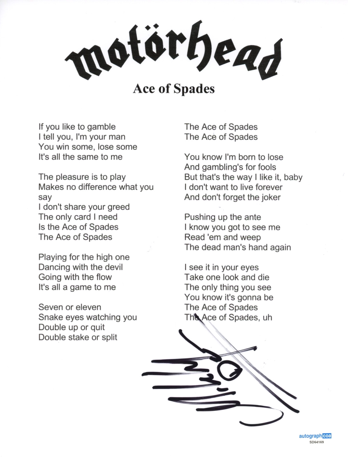 Mikkey Dee Motorhead Signed Autograph ‘Ace of Spades’ Lyric Sheet Drummer ACOA