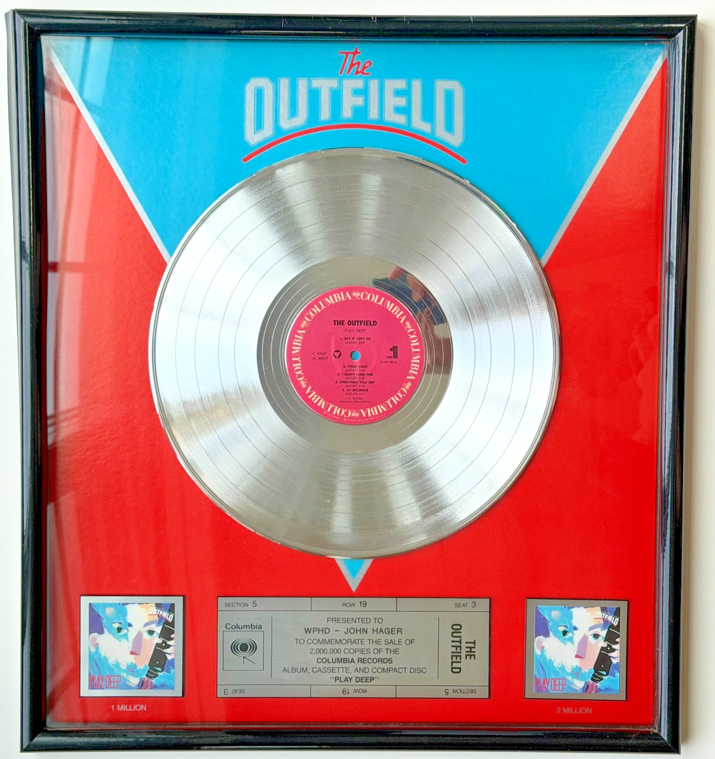 The Outfield Play Deep Original Columbia Records 2 Million Sales Award 22x19x2