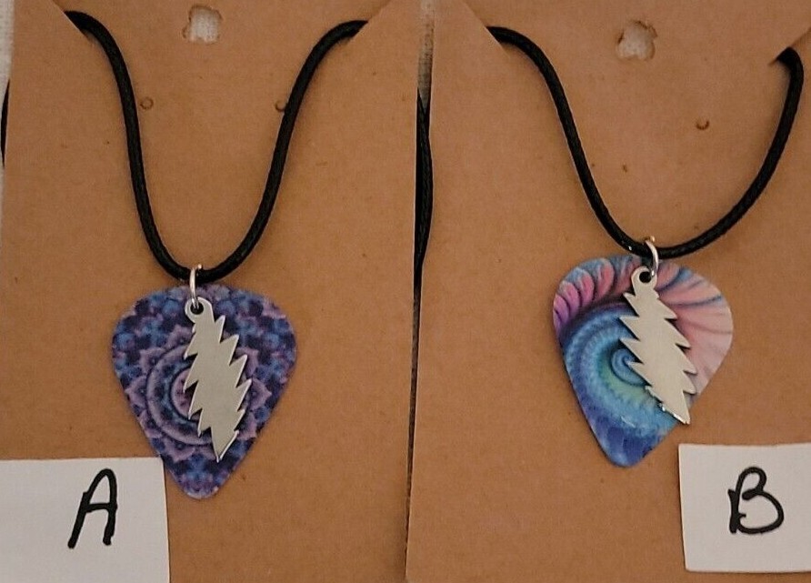 GRATEFUL DEAD BOLT CHARM ON TIE DYE GUITAR PICK NECKLACE