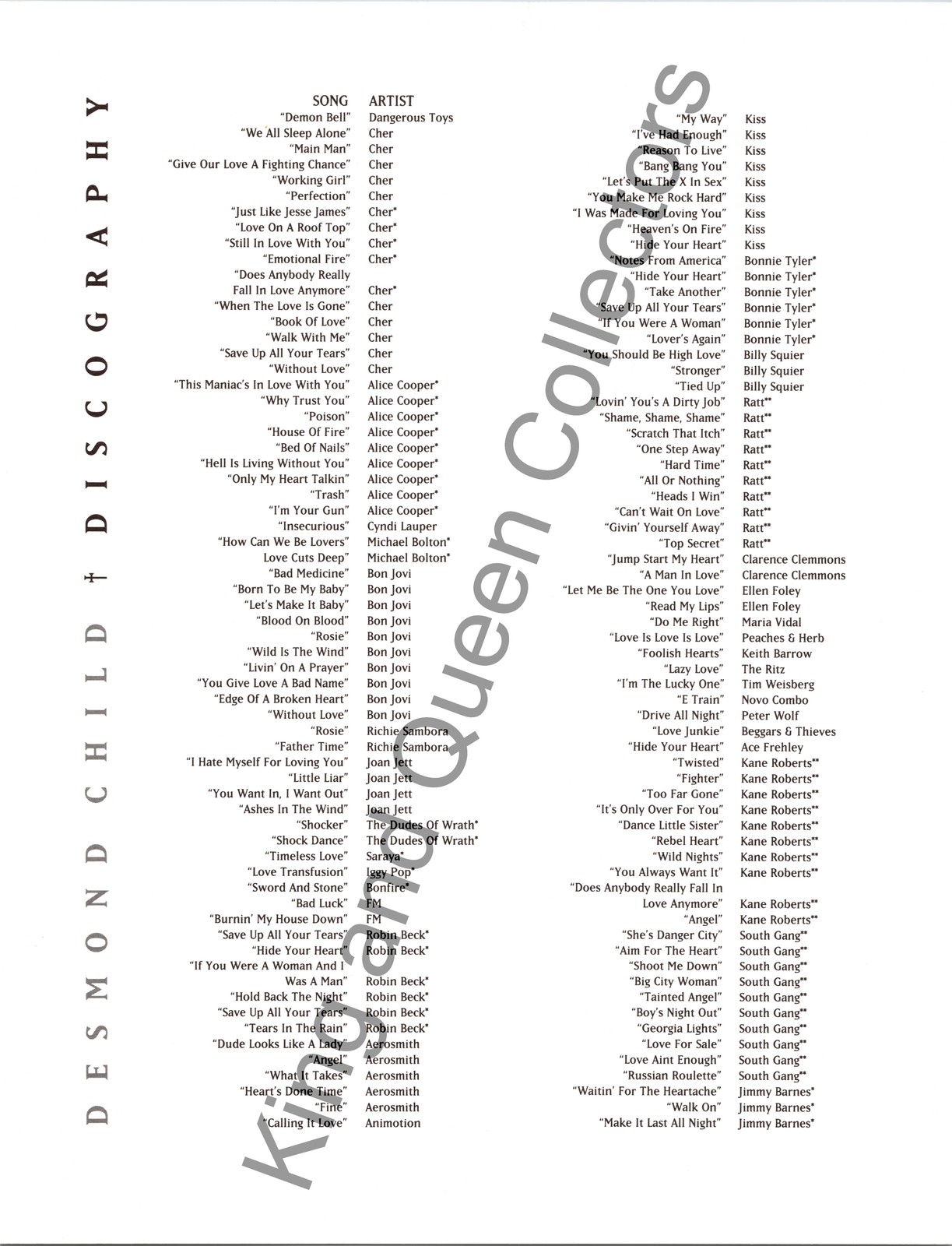 Desmond Child Original Elektra Records Press Kit Fact Sheet