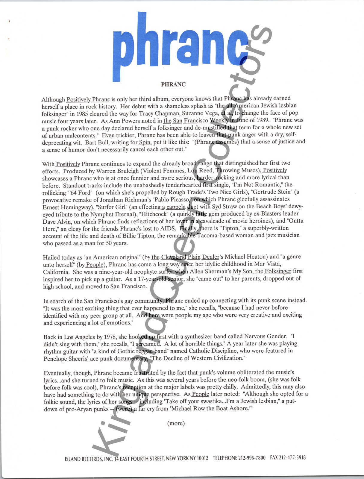 Phranc 1990 Original Island Records, Inc Press Kit Biography Sheet Positively
