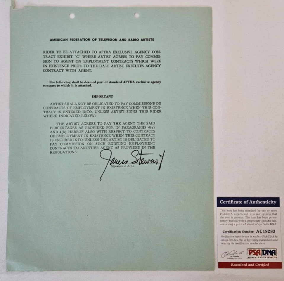 James “Jimmy” Stewart Signed AFTRA contract with PSA/DNA CoA