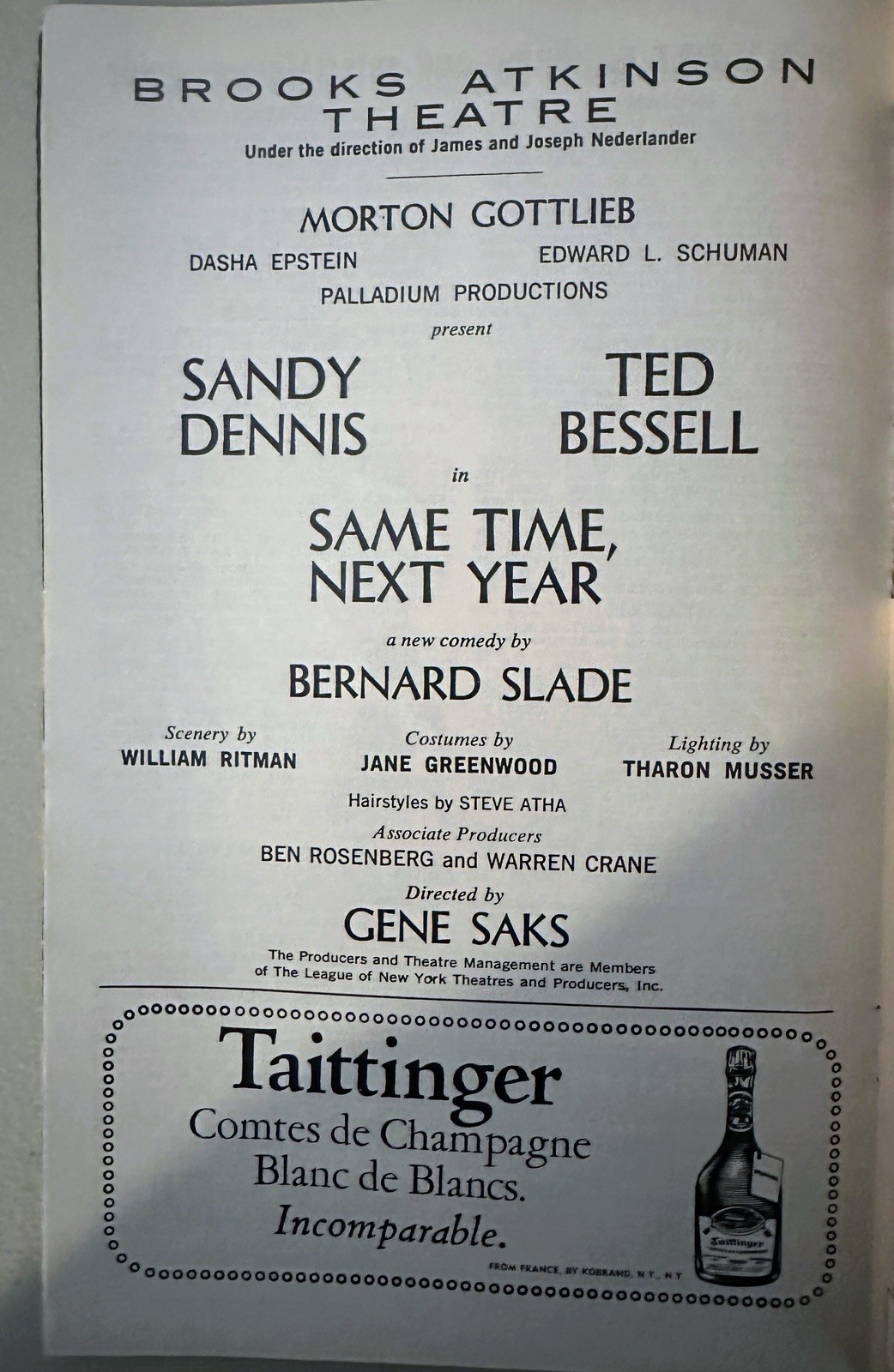 Same Time, Next Year Broadway Playbill Sandy Dennis, Ted Bessell