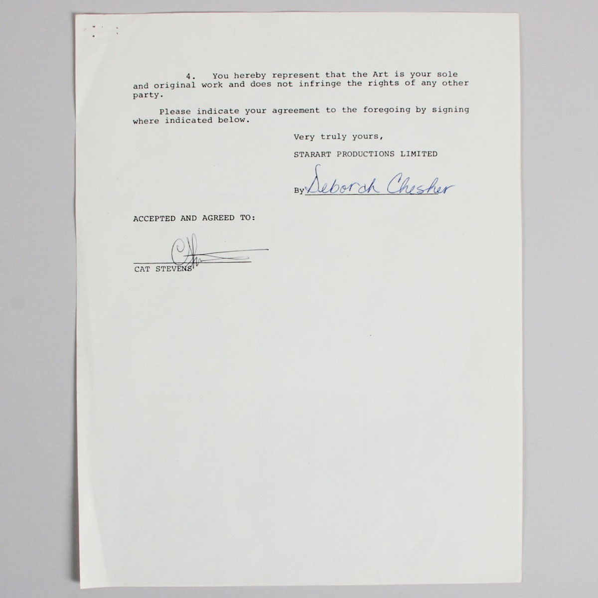 Cat Stevens Signed Contract – COA JSA