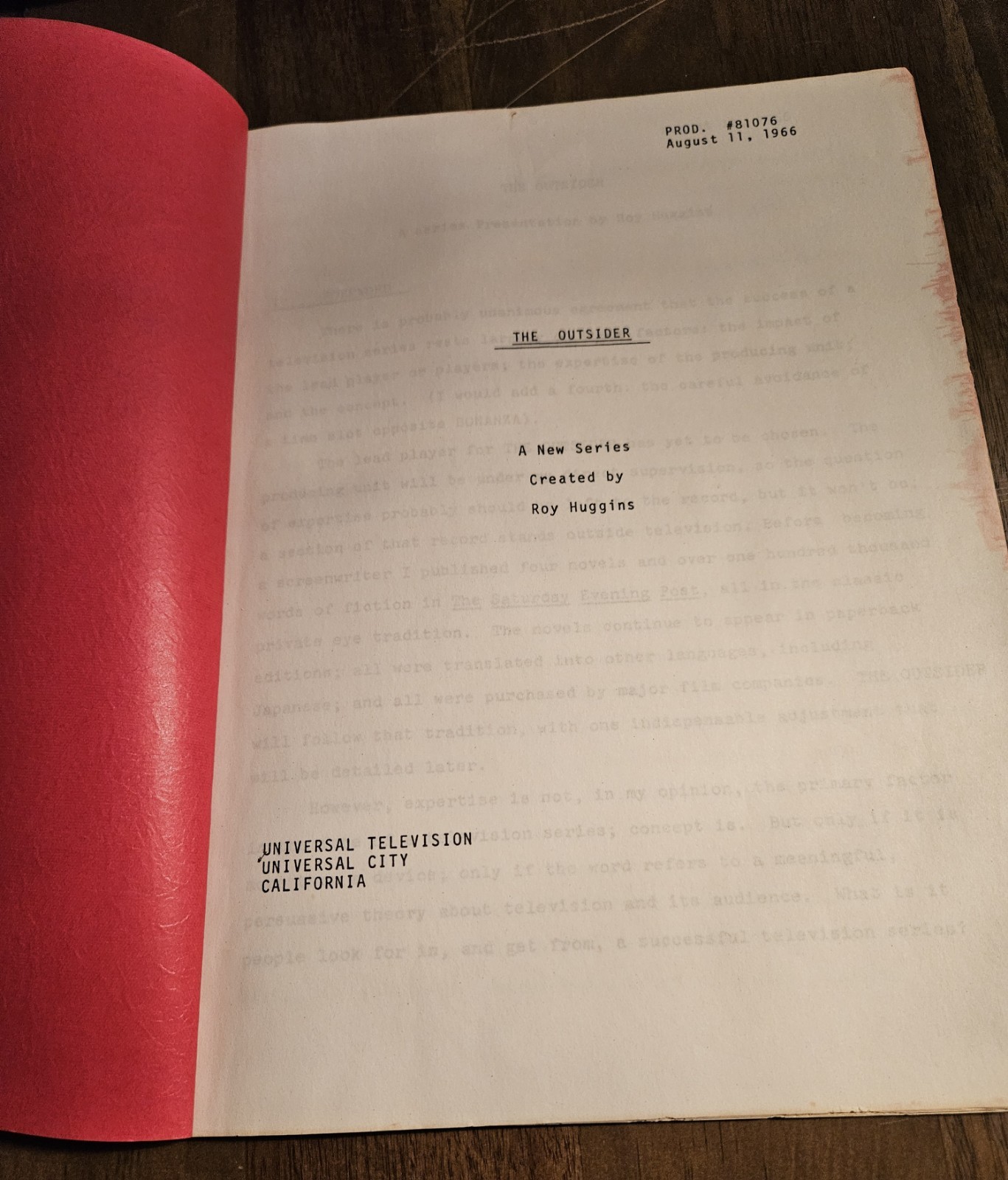 ​RARE 1966 “THE OUTSIDER” Series Presentation Script – Roy Huggins / Universal