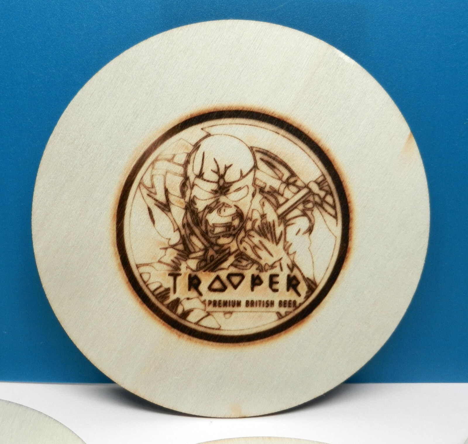 4 Piece Wood Burned Iron Maiden Eddie Trooper Custom Beer Drink Coaster Set