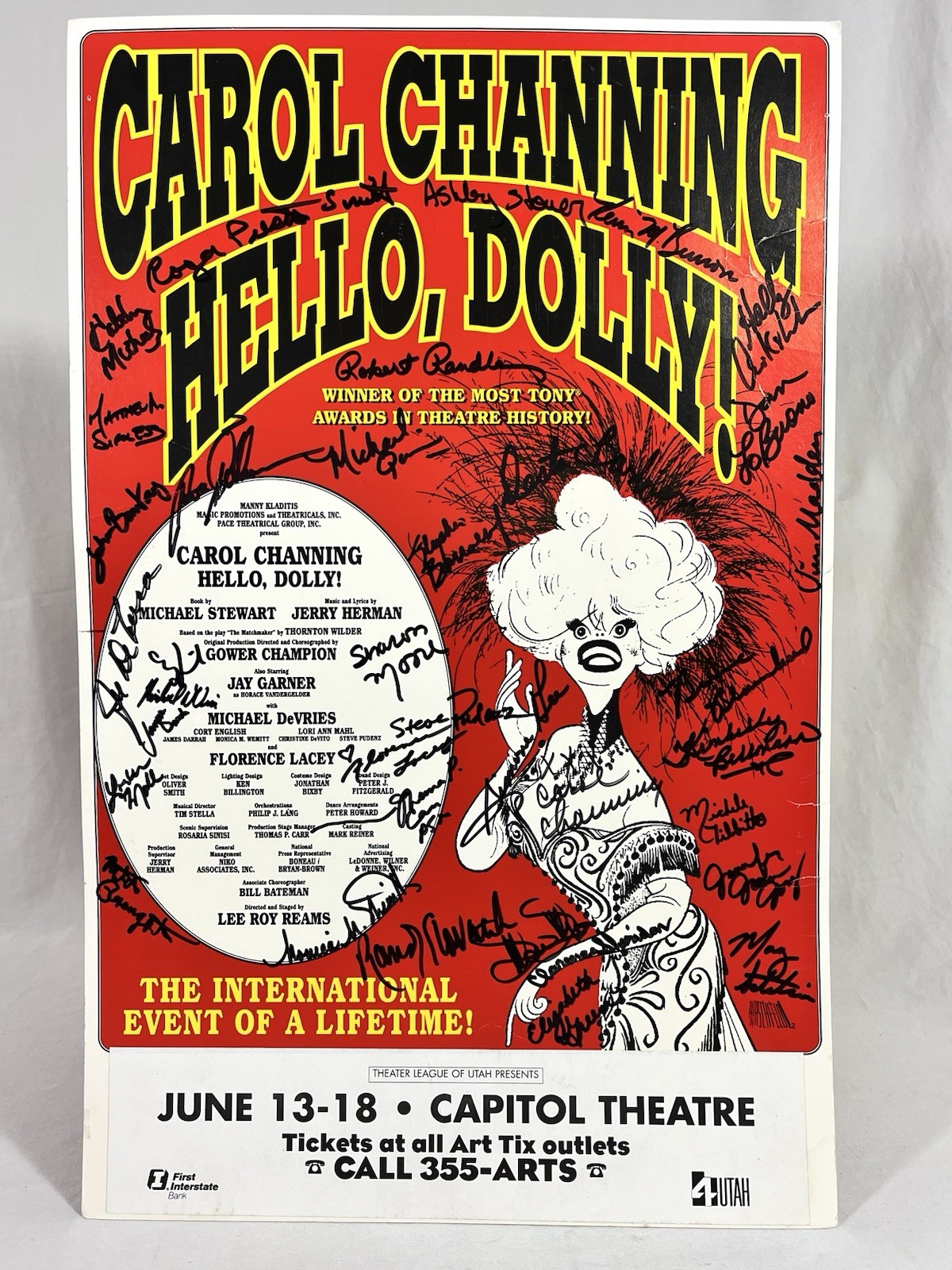 Original HELLO DOLLY ! Broadway Poster Signed Carol Channing & Cast Window Card