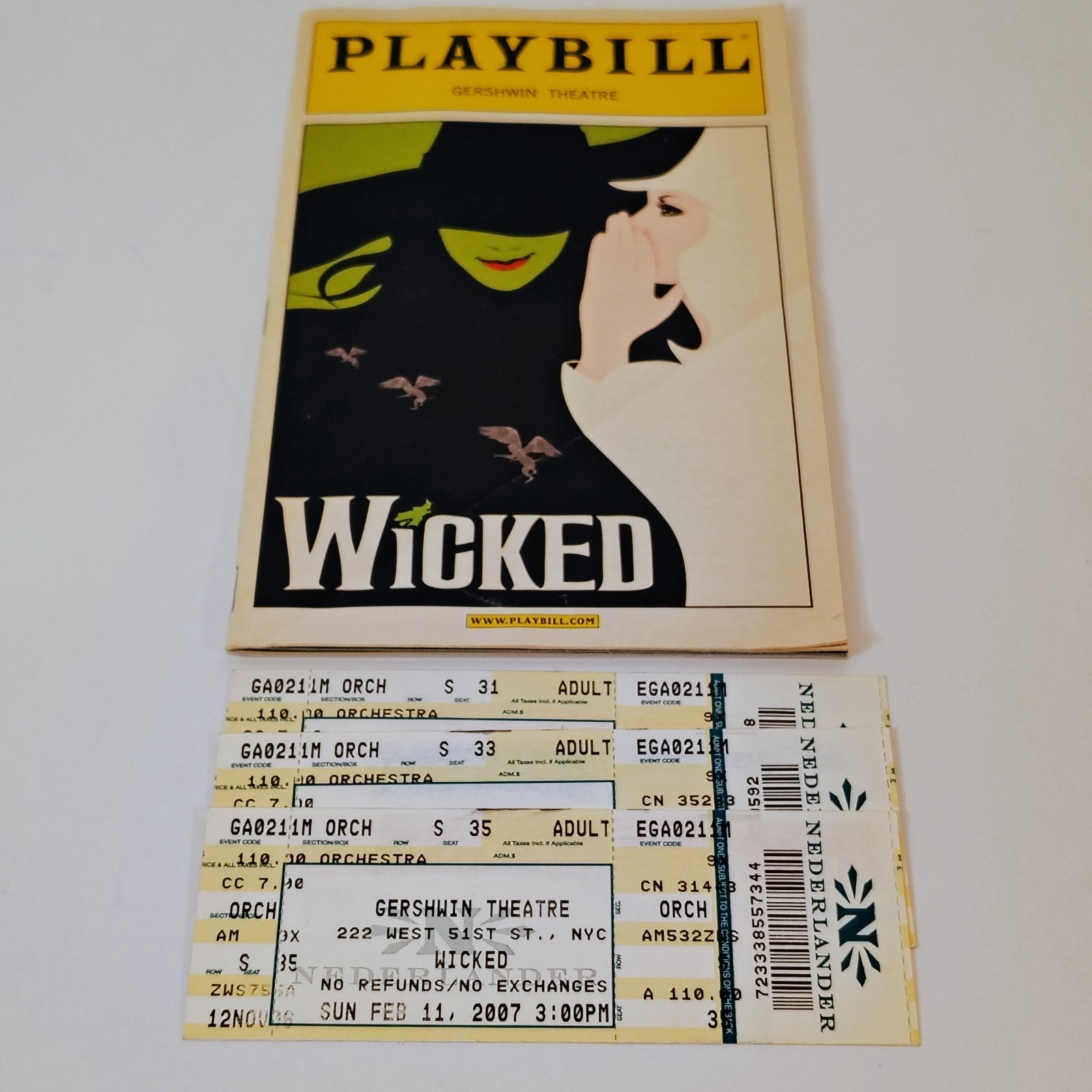 Playbill Wicked Original Bill February 2007 Gershwin Theatre with 3 Show Tickets