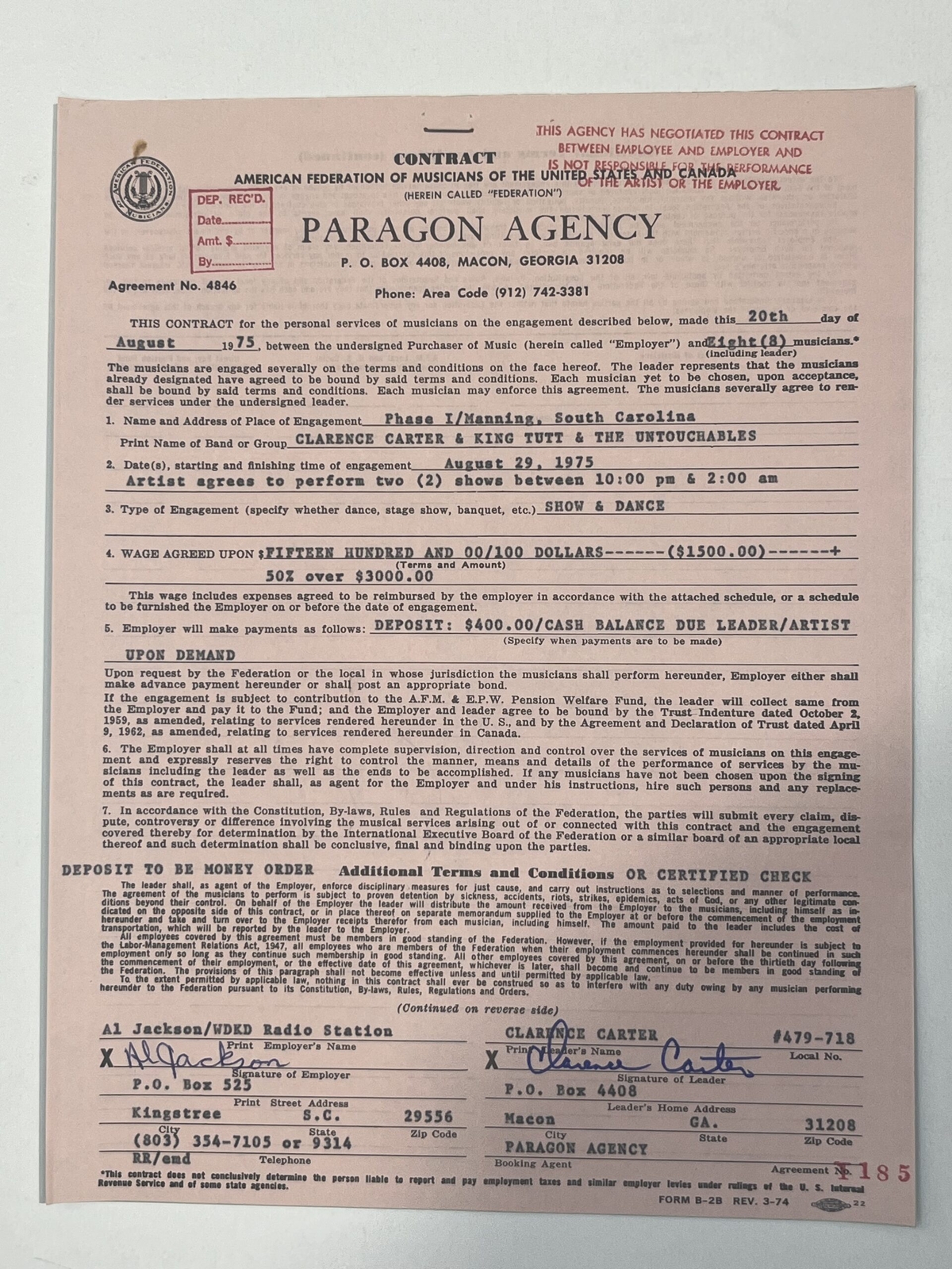 Clarence Carter Concert Contract 1975 Manning SC