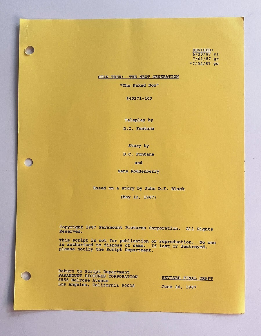 “The Naked Now” Ep 2 Script STAR TREK: THE NEXT GENERATION + Daily Call Sheet