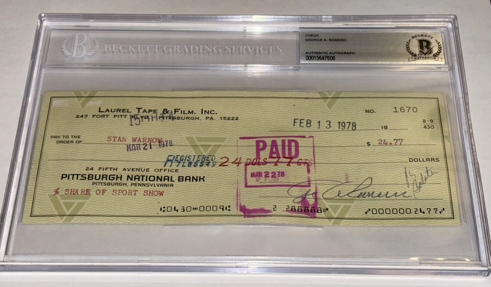 GEORGE A ROMERO Signed 1978 Bank Check Autograph Beckett BGS Slabbed Dawn Dead