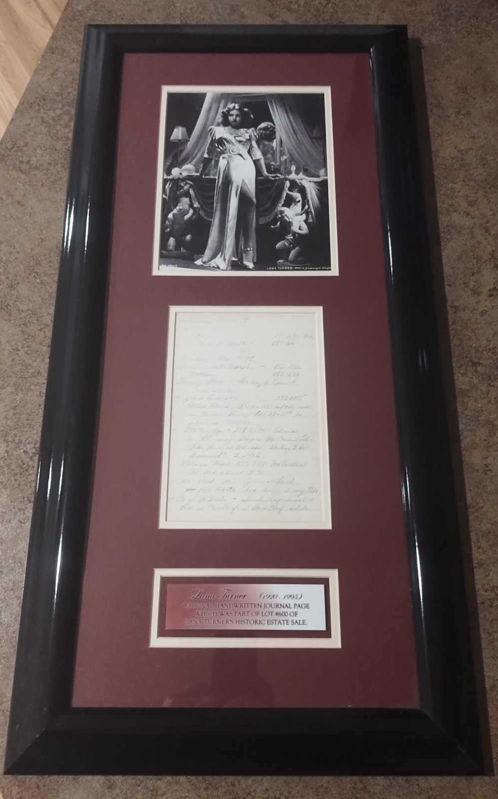Lana Turner Vintage Handwritten Journal Page Framed Matted 16×32 Display