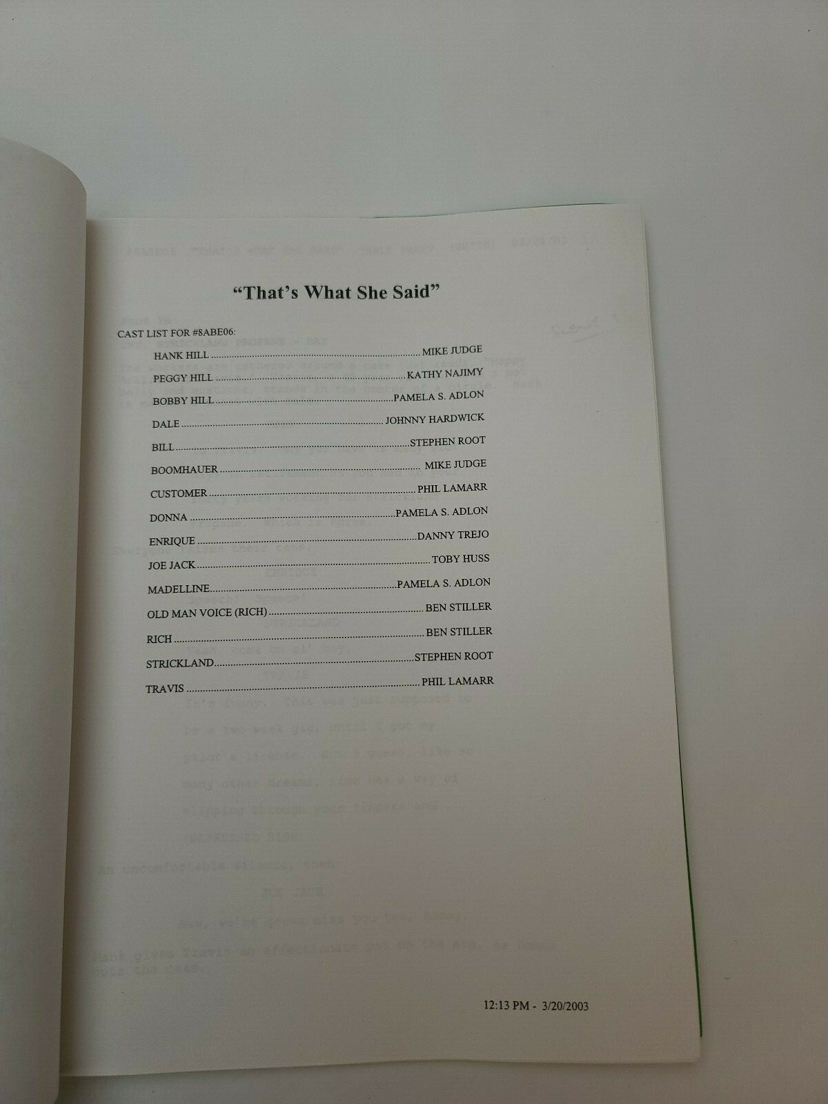 KING OF THE HILL / Sivert Glarum 2003 TV Script “That’s What She Said”