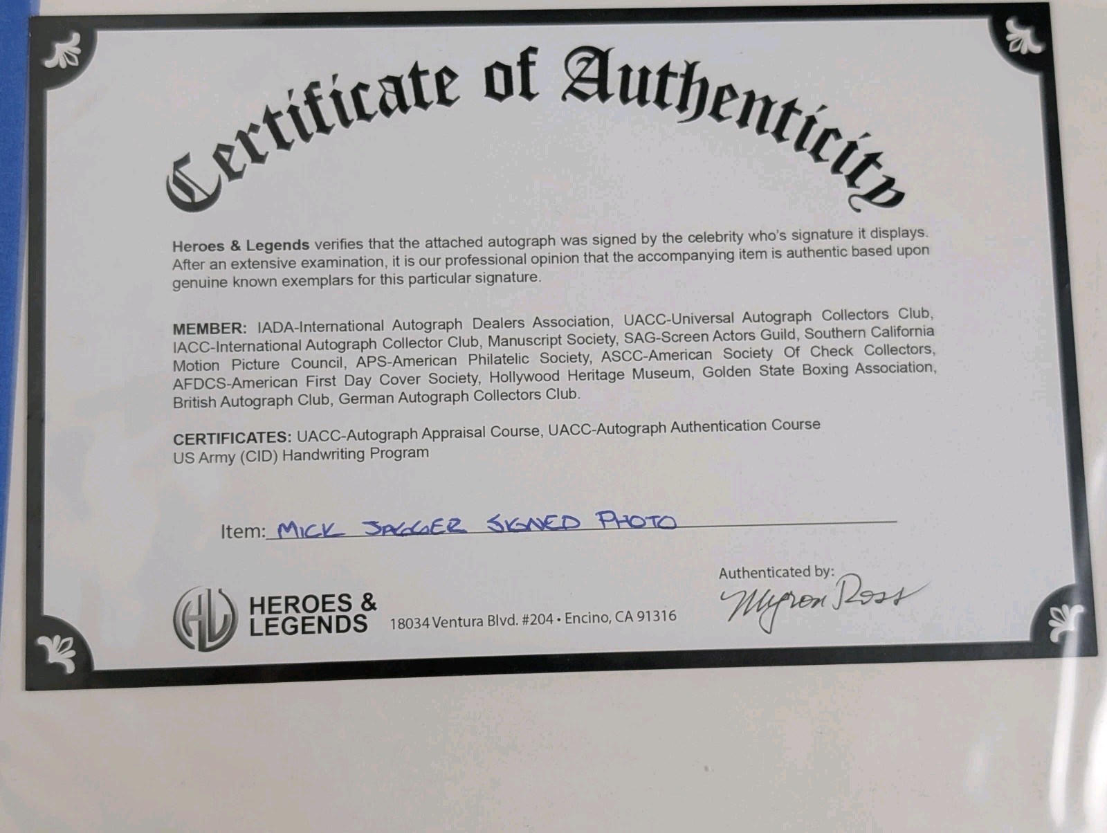 Mick Jagger Authentic Signed Photo – Rolling Stones – Heroes & Legends COA Myron
