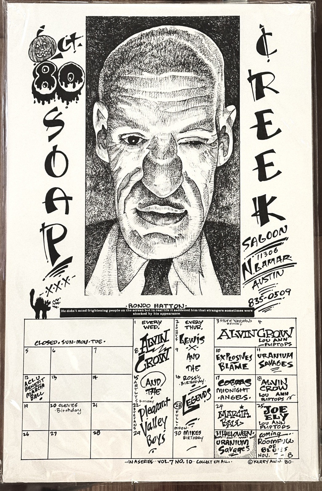 Kerry Awn Oct 1980 Vintage ATX Soap Creek Saloon Calendar Poster Austin Texas
