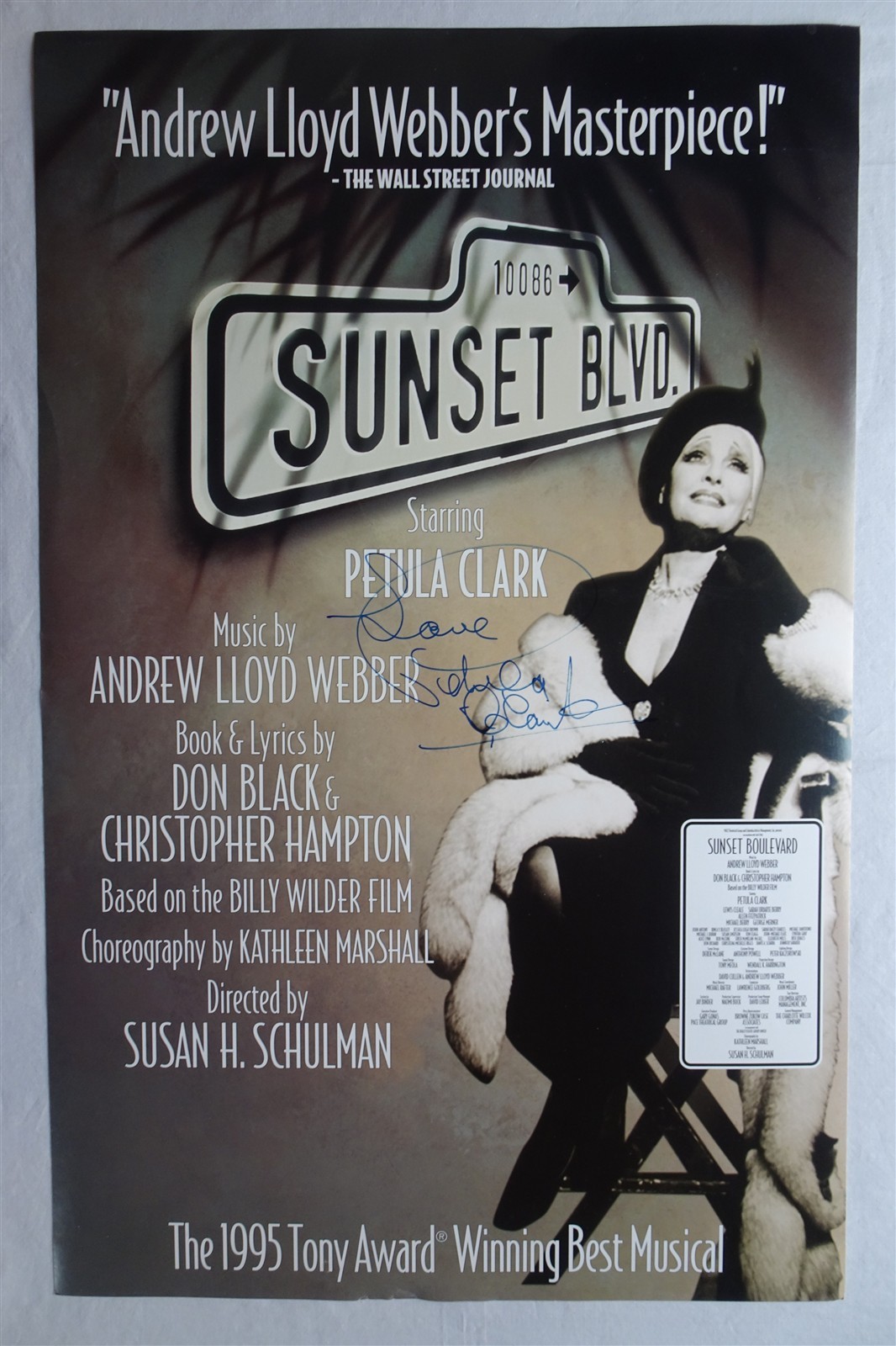 Sunset Blvd. Boulevard Theatre Window Card Poster, Petula Clark, SIGNED, 1998