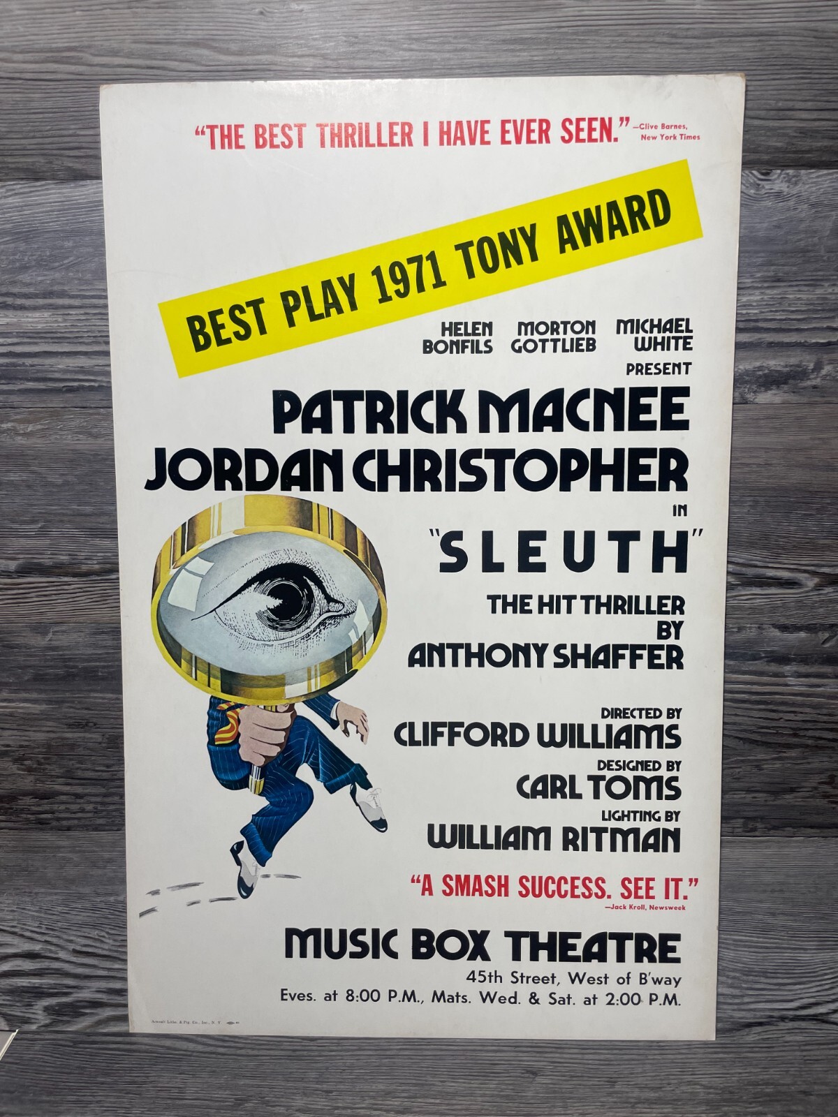 PATRICK MACNEE, JORDAN CHRISTOPHER, BEST PLAY 1971, SLEUTH, BROADWAY WINDOW CARD