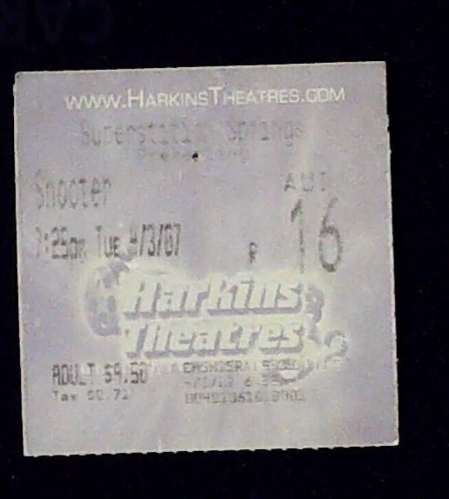 Shooter Movie Film Ticket Stub Mark Wahlberg Opening Month Harkins 4/3/2007